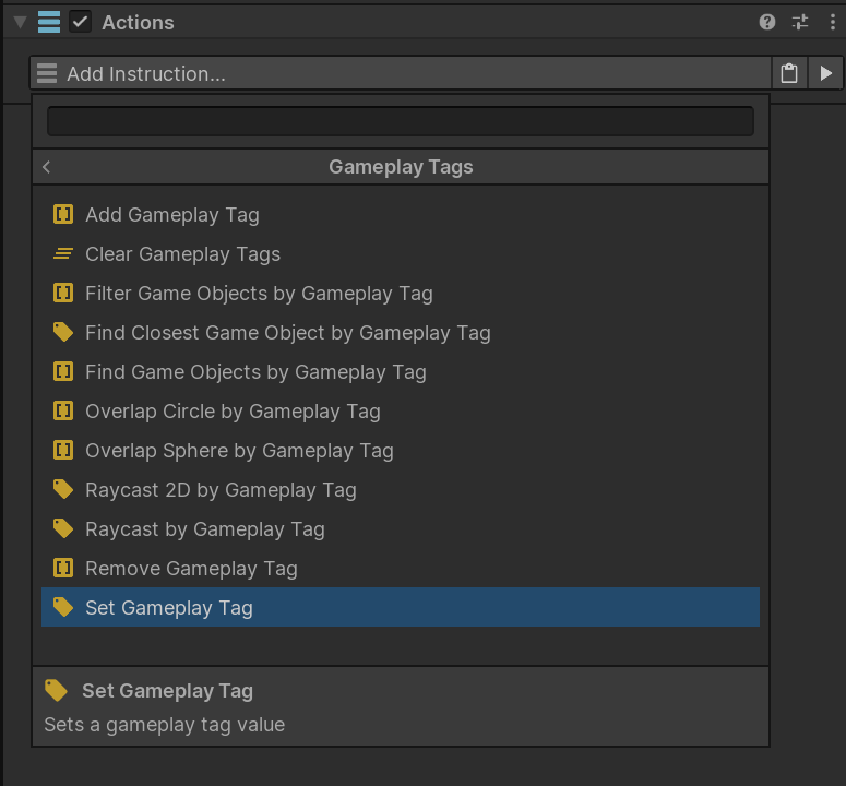 Gameplay Tags Action category list in the Game Creator instruction picker
