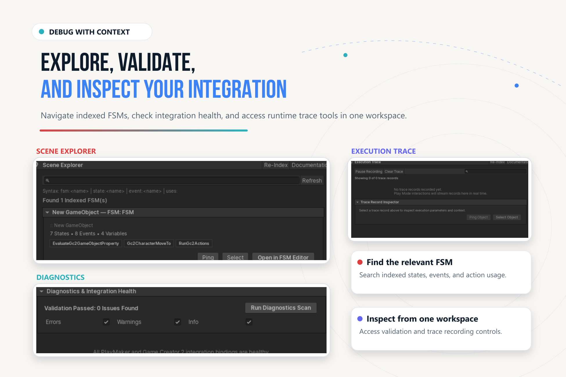 Scene Explorer, Diagnostics scan, and Execution Trace controls